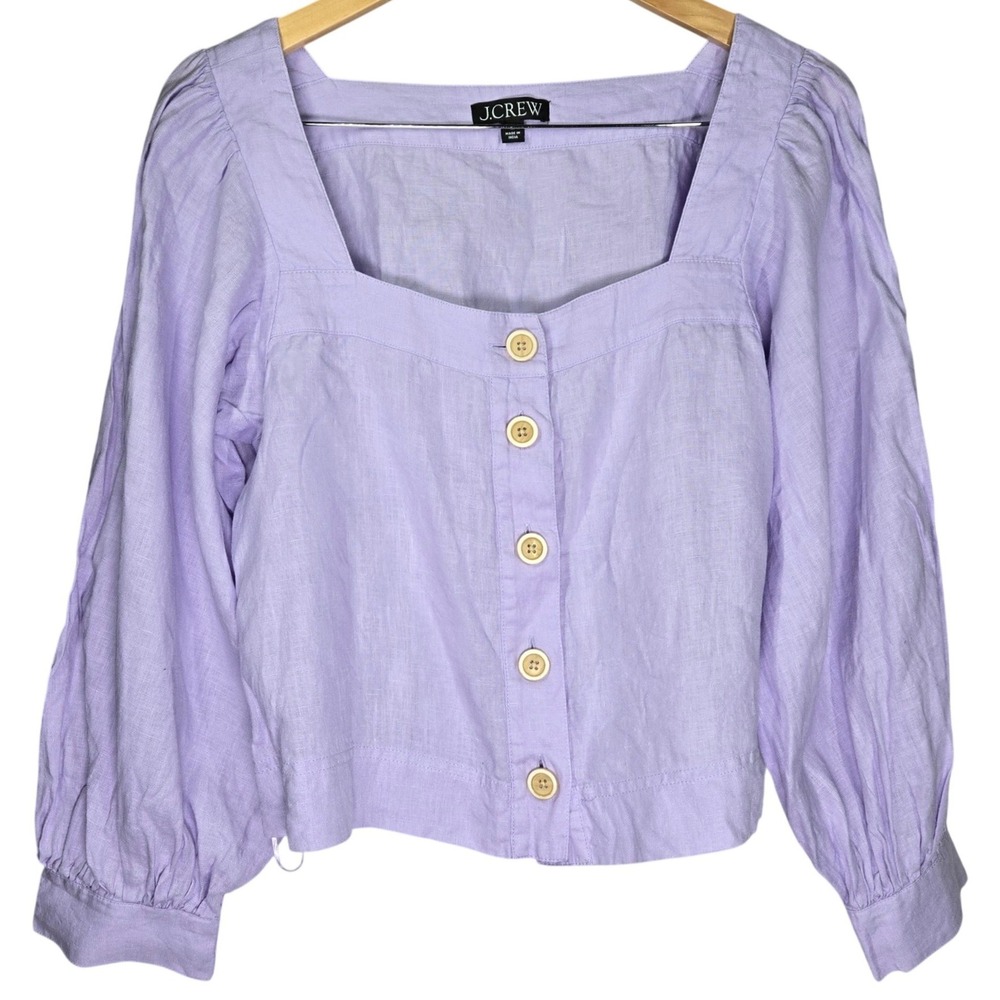 J. Crew Lavender 100% Linen Puff Sleeve Square Neck Button Front Top BY697 M